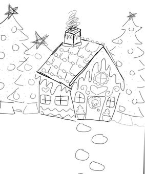 Gingerbread house surrounded by Christmas trees