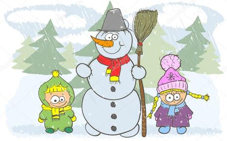Snowman with a child standing on either side