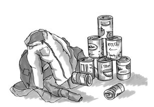 Coats and cans in pile