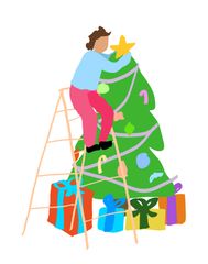 Person on ladder in front of Christmas tre
