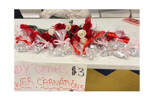 DECA Club’s flower carnations and candy grams for sale for delivery on Valentine’s Day.