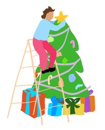 Person on ladder by Christmas tree