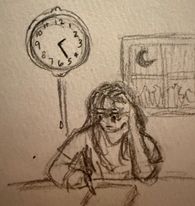 Person writing at desk with clock behi