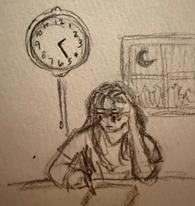 Person writing at desk with clock behi