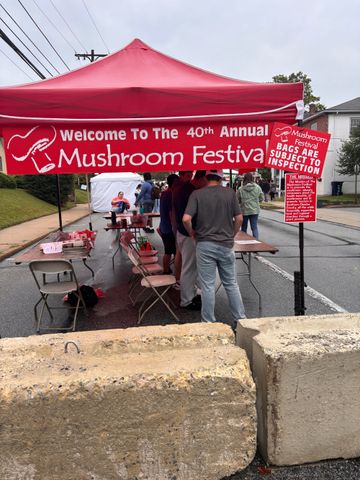 The Mushroom Festival welcome stand handing out stickers, pamphlets, and information about the festivities.