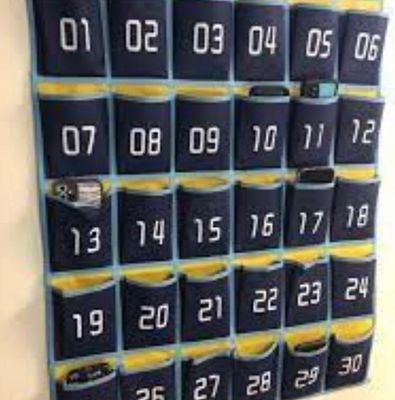 Students put their phones in the phone holders at the beginning of every class.  At the end of each class period, they may retrieve their phones and have them in between periods.