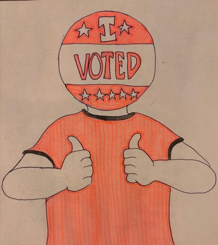 Person with "I Voted" button.