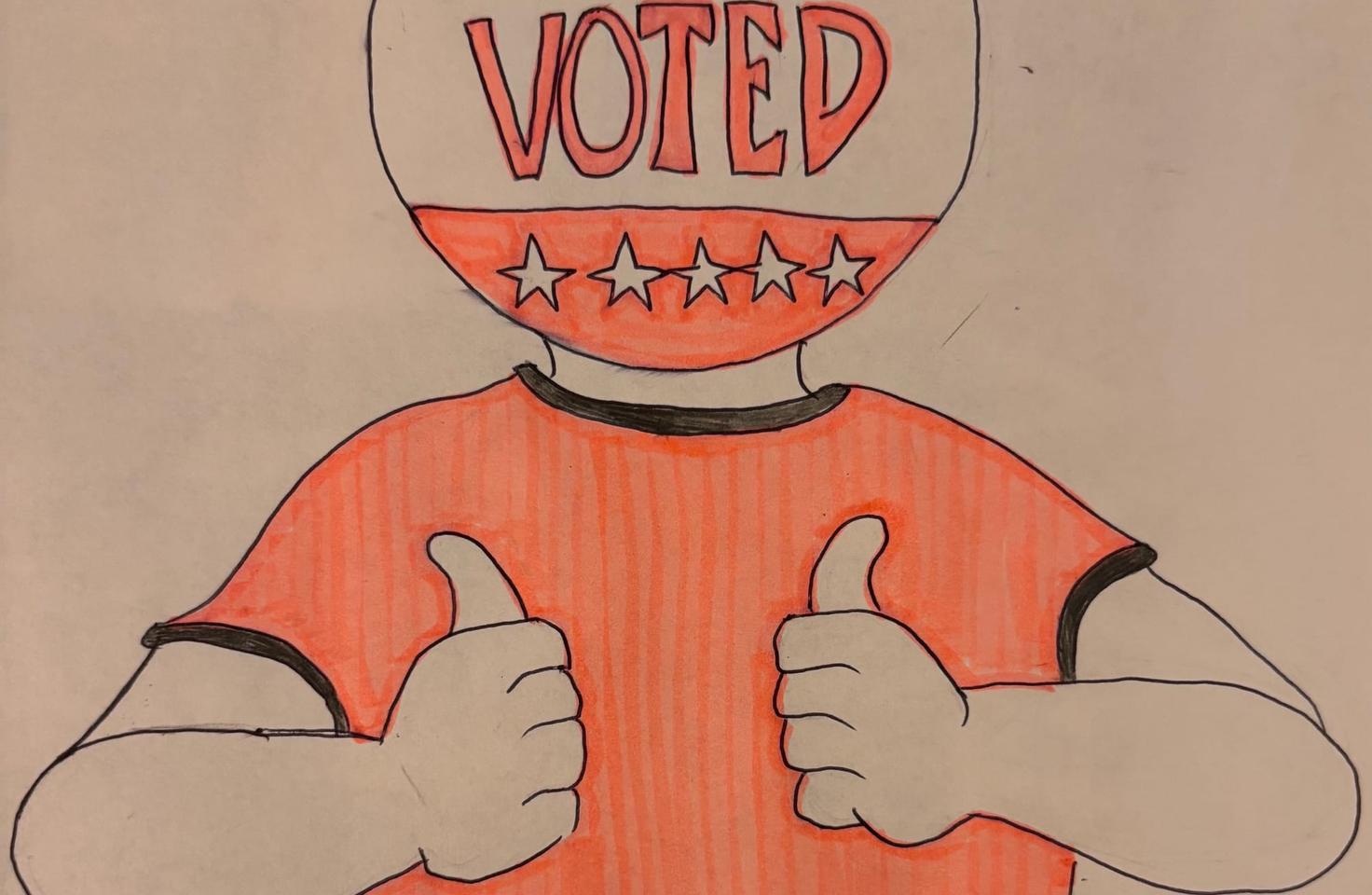 Person with "I Voted" button.