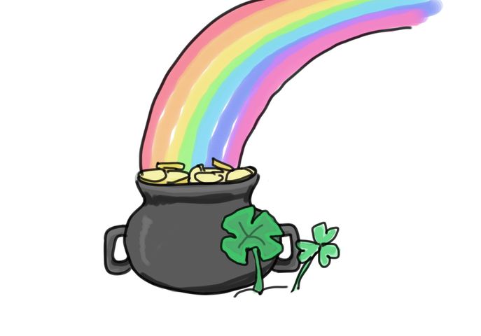 Pot of gold at the end of a rainbow with shamroc