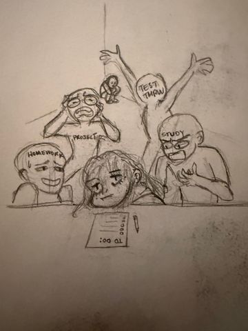 Emotion characters behind an overwhelmed person