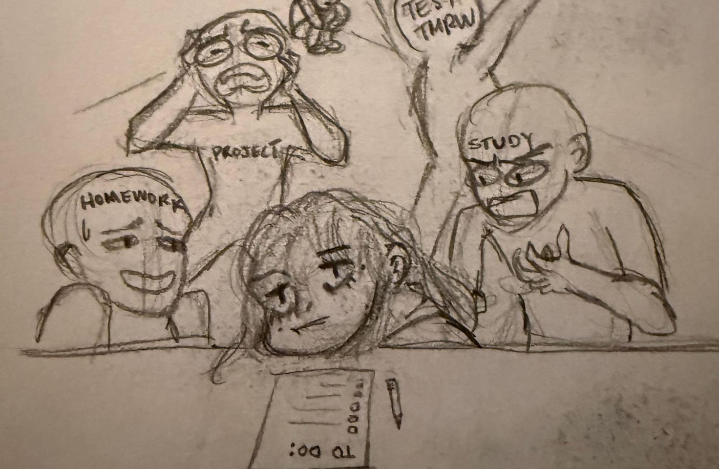 Emotion characters behind an overwhelmed person
