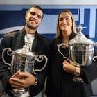 Alcaraz and Sabalenka holding their champion trophies